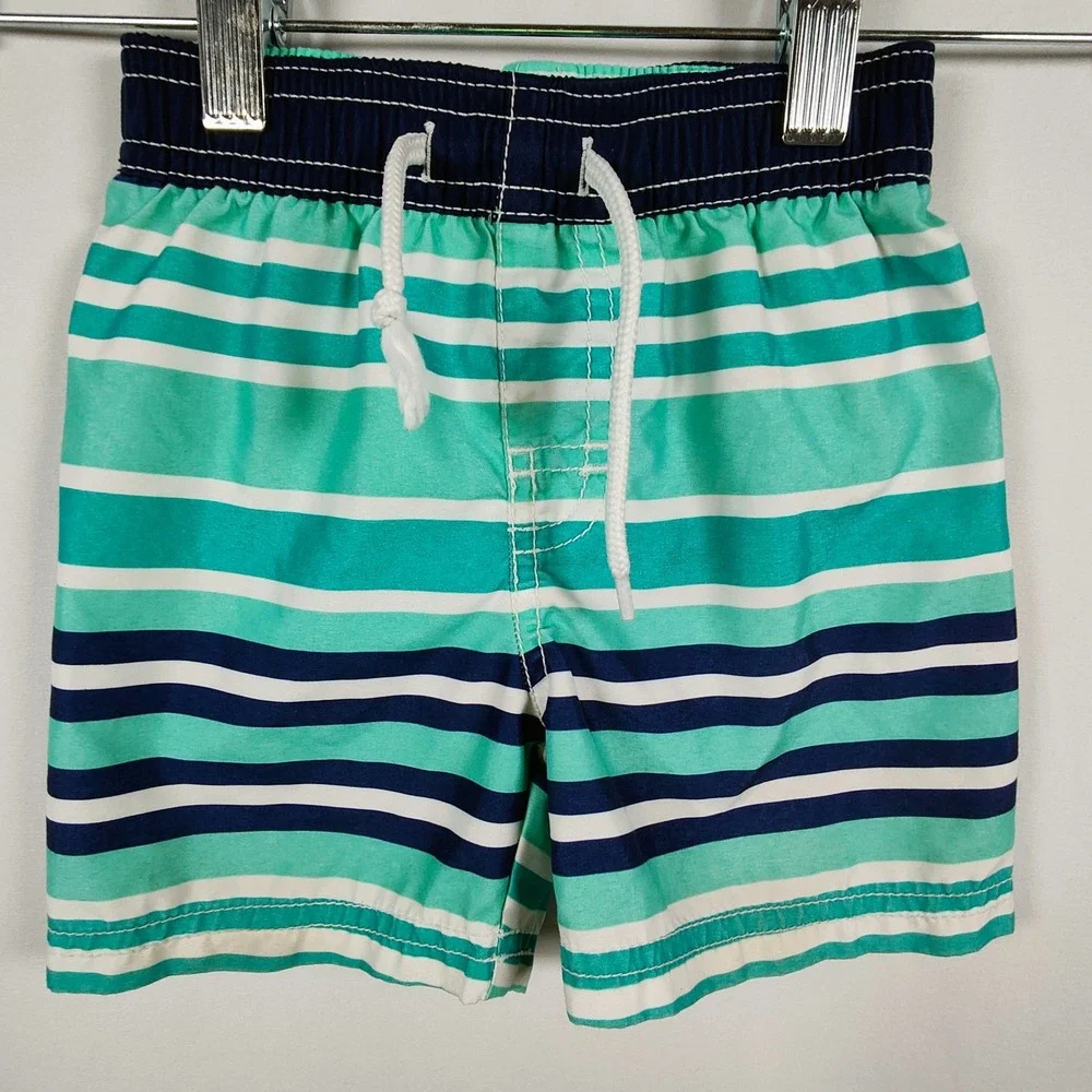 Old Navy Boys Teal Navy Striped Swim Trunks Mesh Lining 12-18 Months